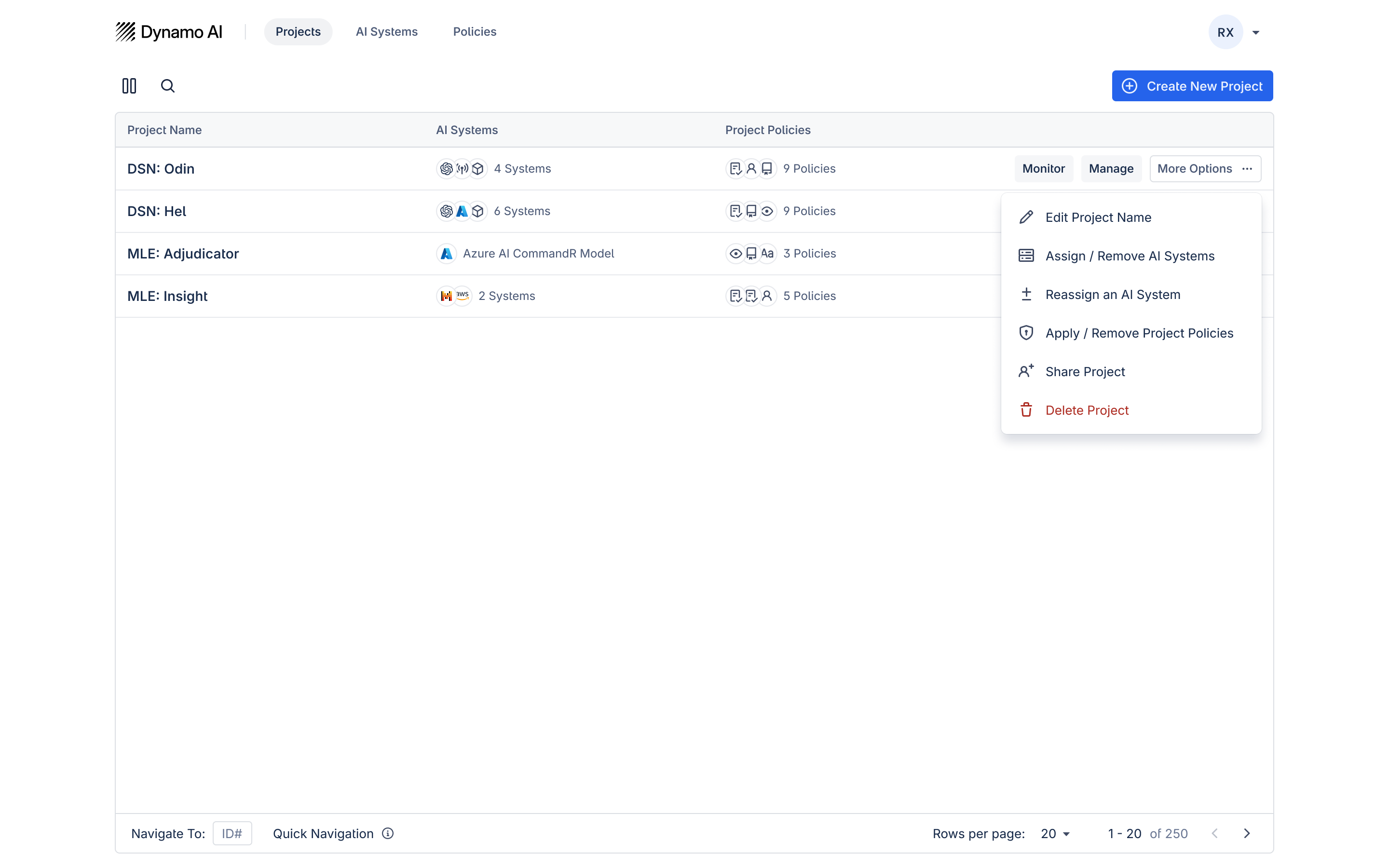Project Actions Menu